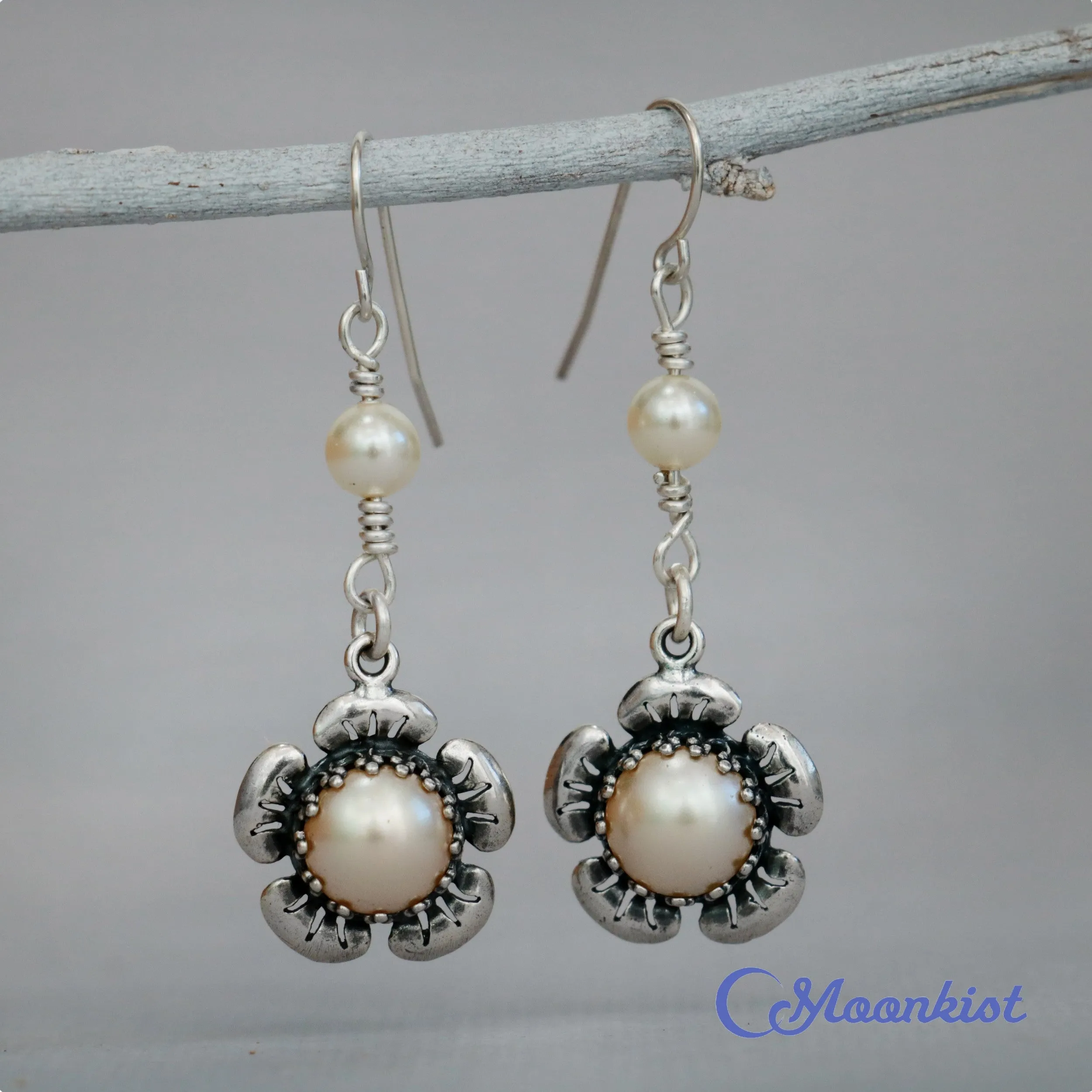 Pearl Earrings with Sterling Silver Flowers | Moonkist Designs