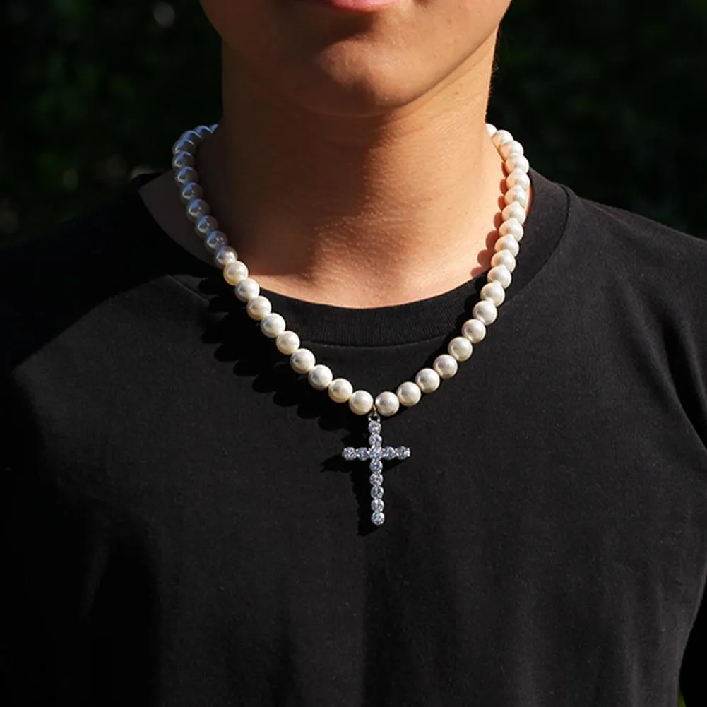 Pearl Necklace with Cubic Zirconia Cross Pendant Necklace