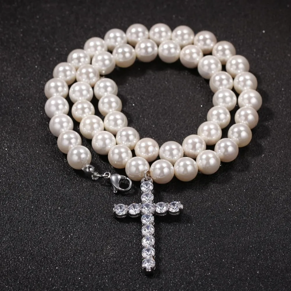 Pearl Necklace with Cubic Zirconia Cross Pendant Necklace