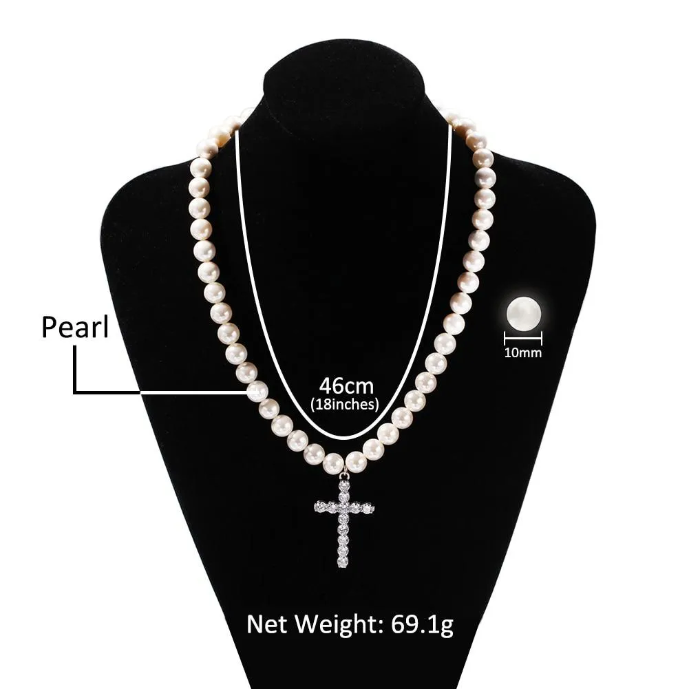 Pearl Necklace with Cubic Zirconia Cross Pendant Necklace