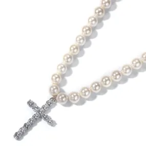 Pearl Necklace with Cubic Zirconia Cross Pendant Necklace