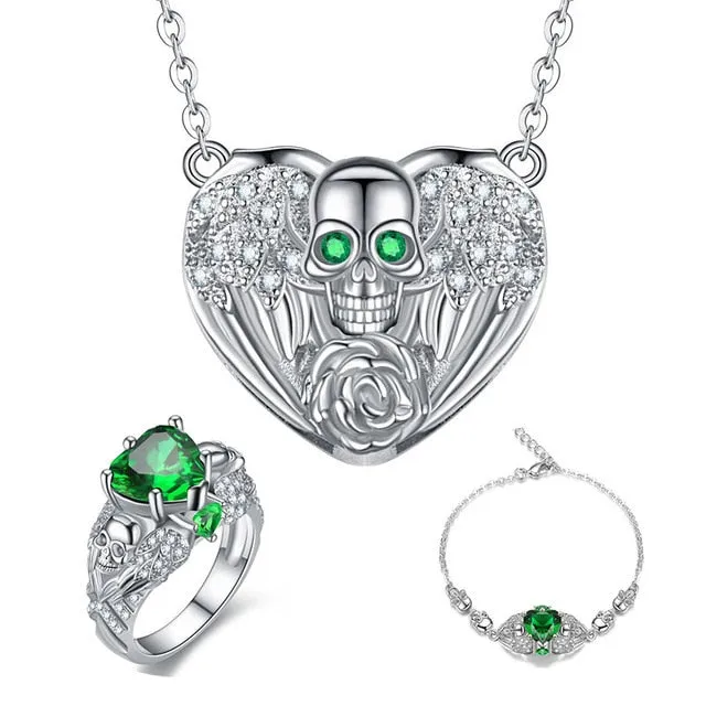 Punk Skull and Crystal Angel Heart Necklace, Bracelet & Ring Wedding Jewelry Set