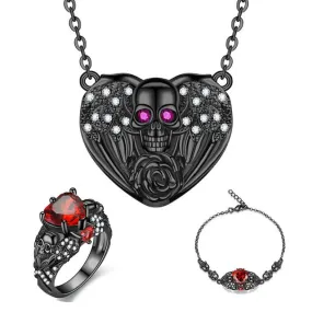 Punk Skull and Crystal Angel Heart Necklace, Bracelet & Ring Wedding Jewelry Set