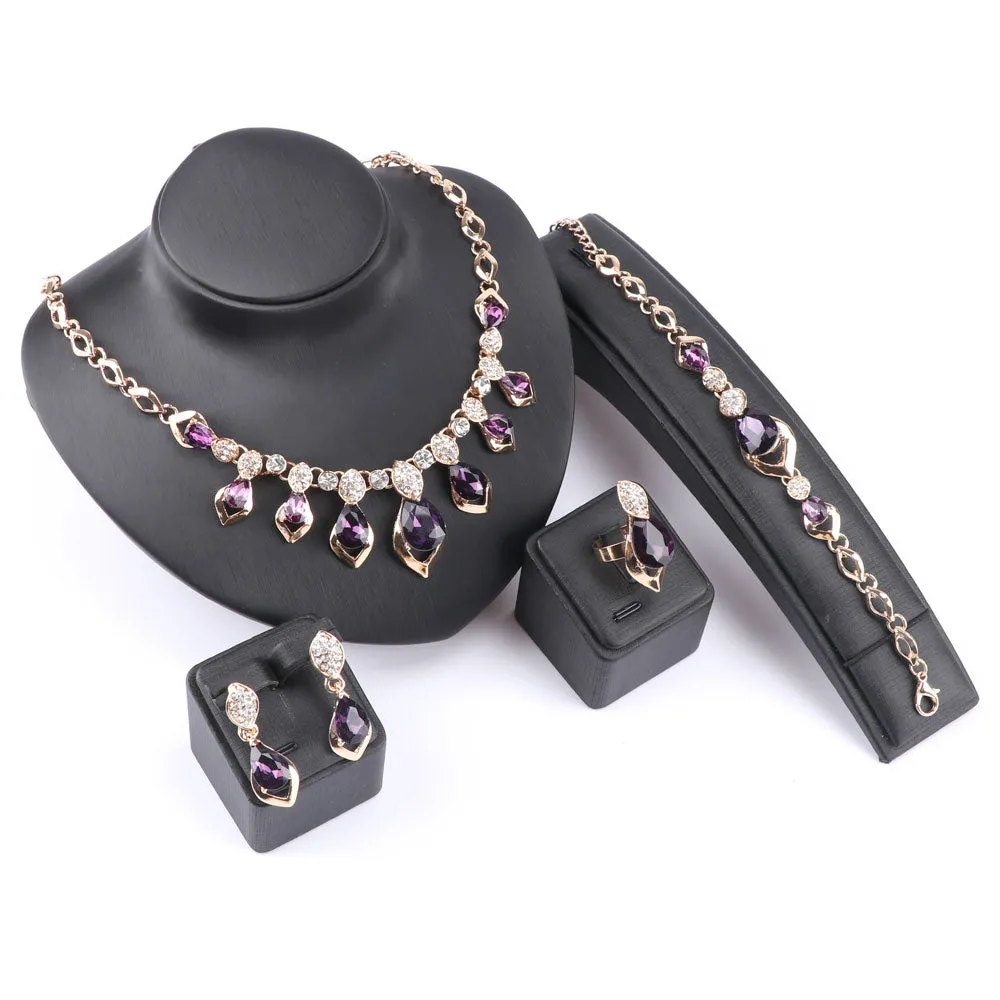 Purple Cubic Zirconia and Austrian Crystal Necklace, Bracelet, Earrings & Ring Wedding Jewelry Set