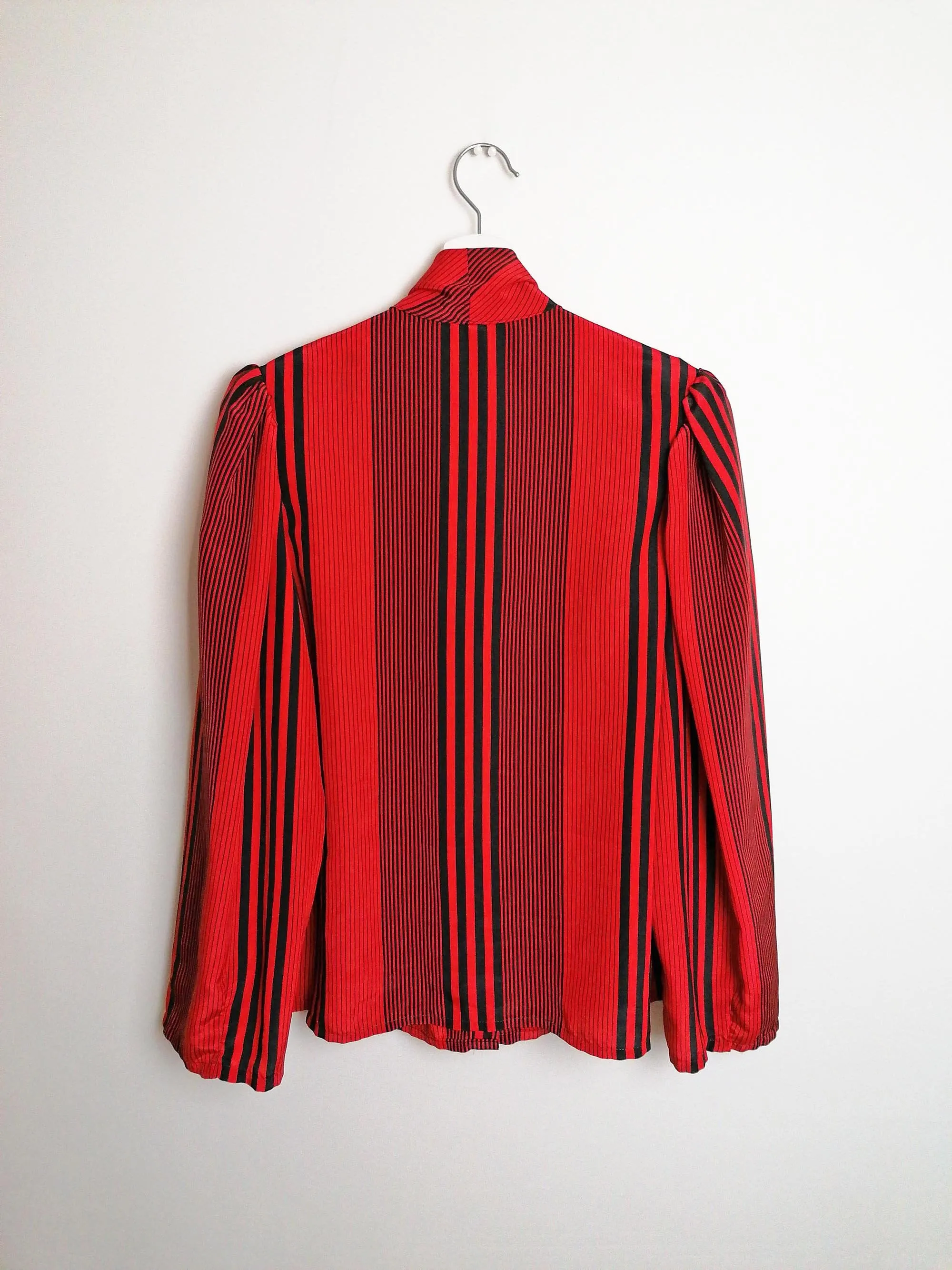 Pussy-bow Blouse Wide Sleeve Red Black Stripes - size S-M