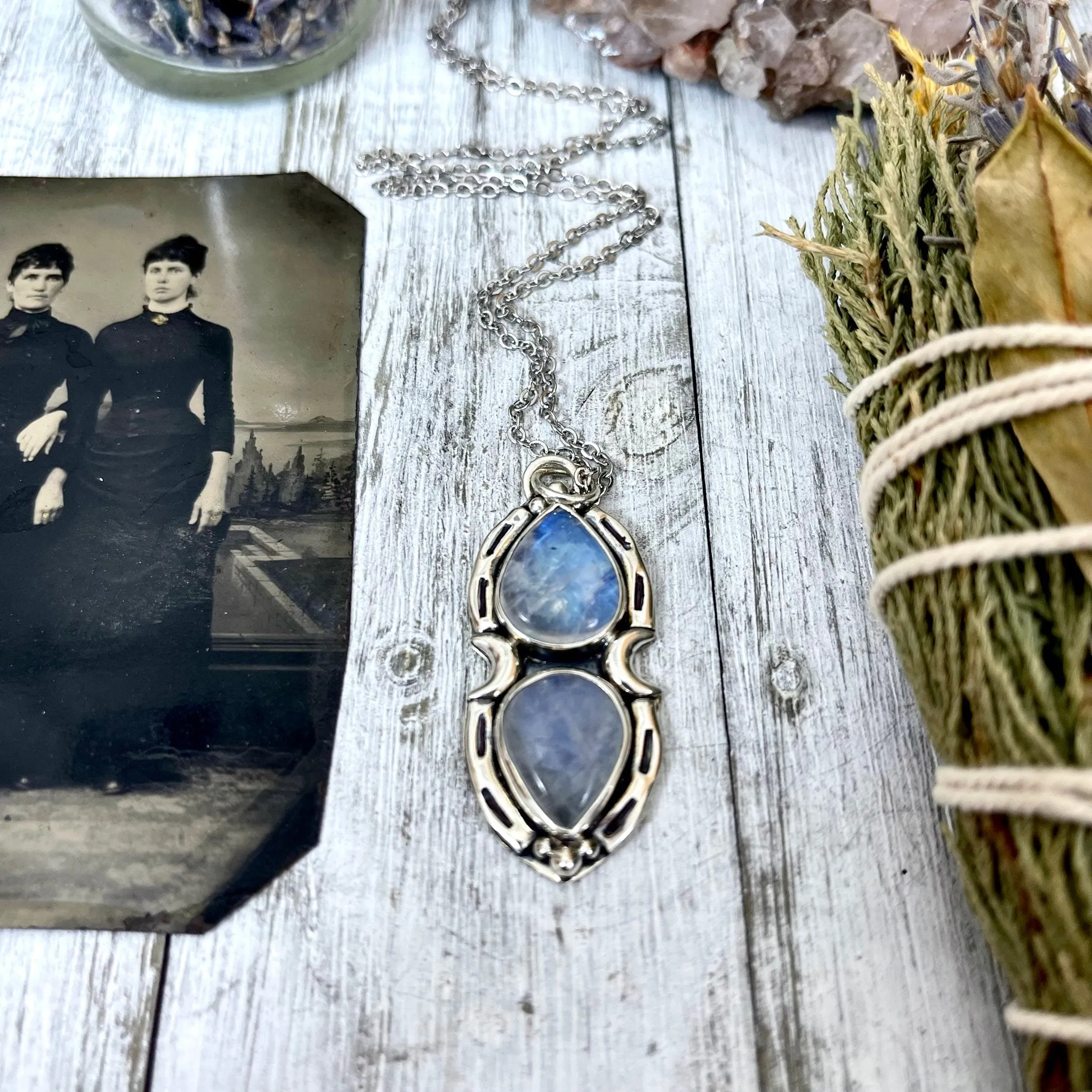 Rainbow Moonstone Mystic Moon Crystal Statement Necklace in Sterling Silver / Designed by FOXLARK Collection