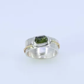 Raincloud - Green Tourmaline Silver and Gold Wide Band Ring