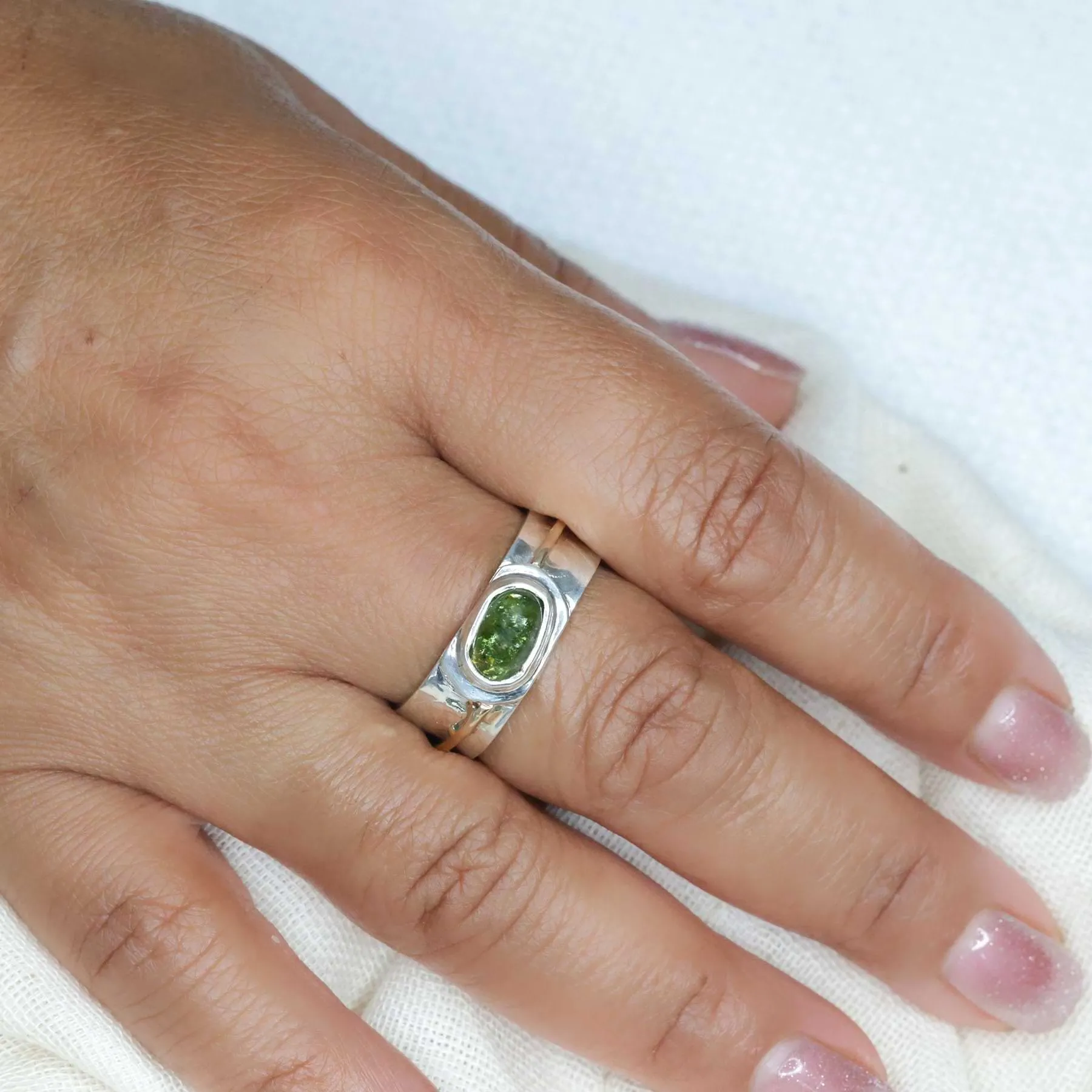 Raincloud - Green Tourmaline Silver and Gold Wide Band Ring