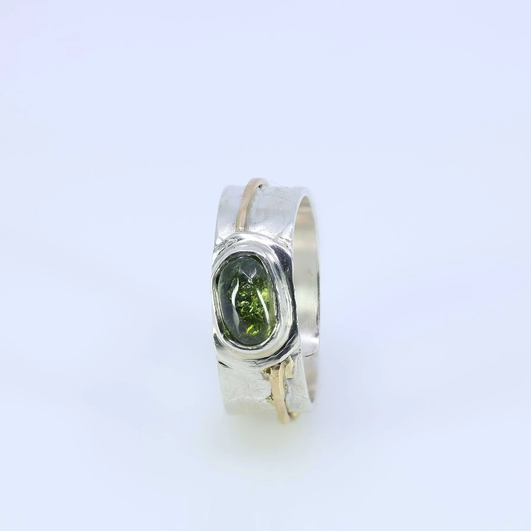 Raincloud - Green Tourmaline Silver and Gold Wide Band Ring