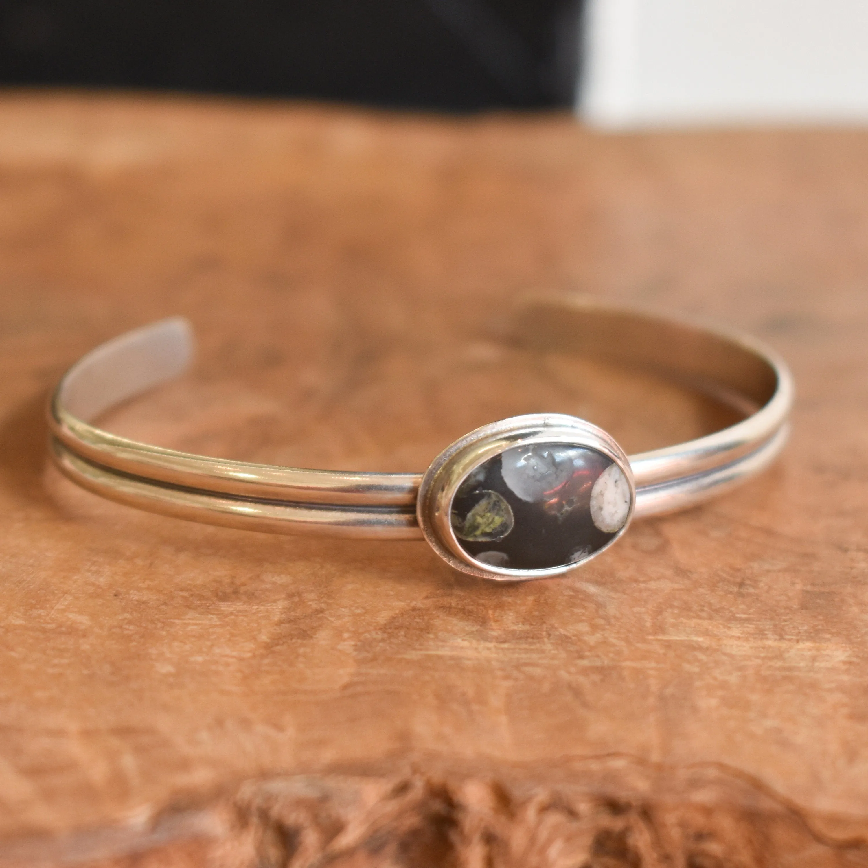 Ready to Ship -  Fossil Jasper Cuff Bracelet -  Silversmith Bangle - Natural Fossil