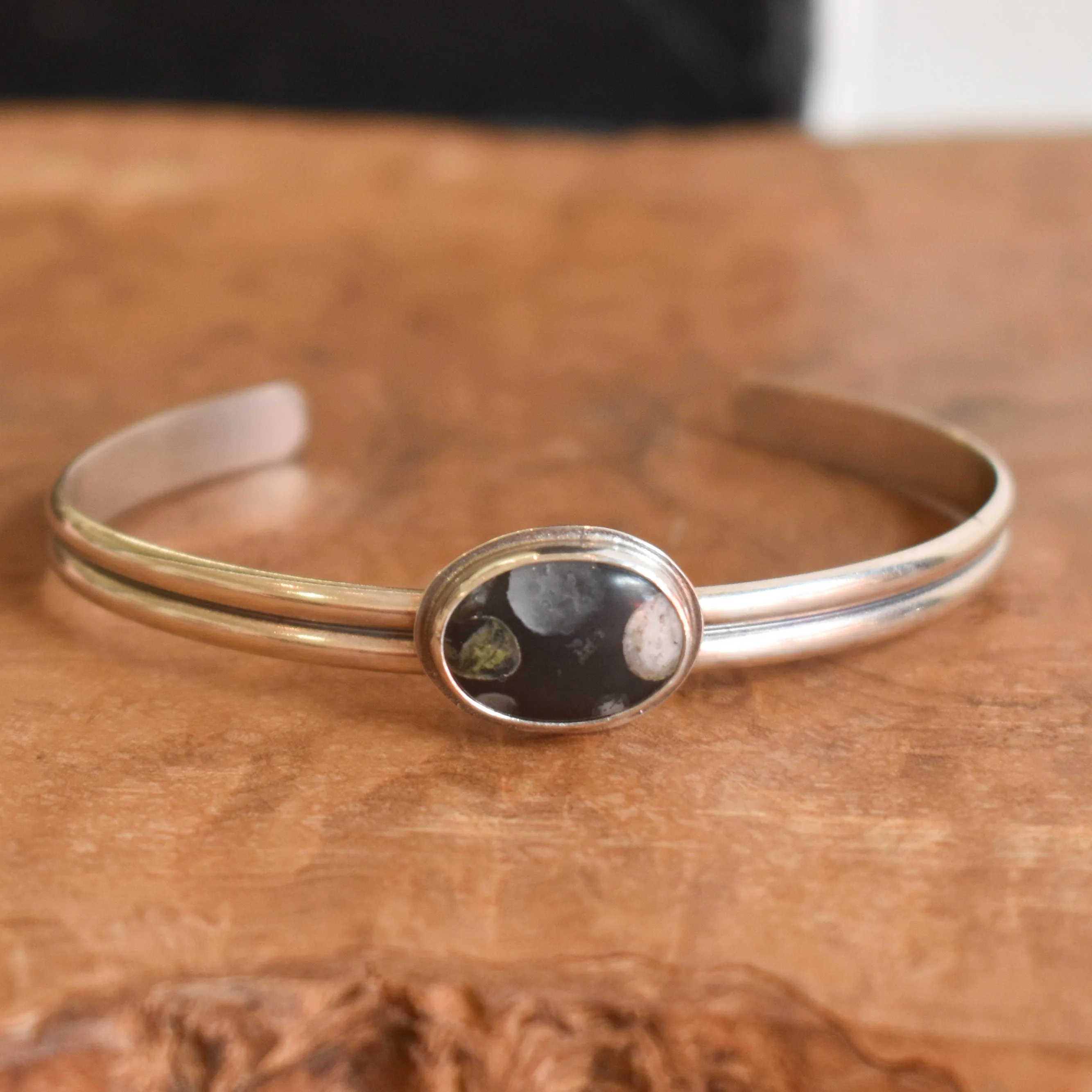 Ready to Ship -  Fossil Jasper Cuff Bracelet -  Silversmith Bangle - Natural Fossil