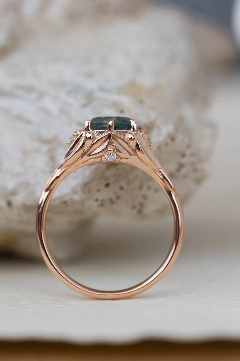 READY TO SHIP: Roma ring in 14K rose gold, hexagon moss agate, moissanites, RING SIZE 7 US