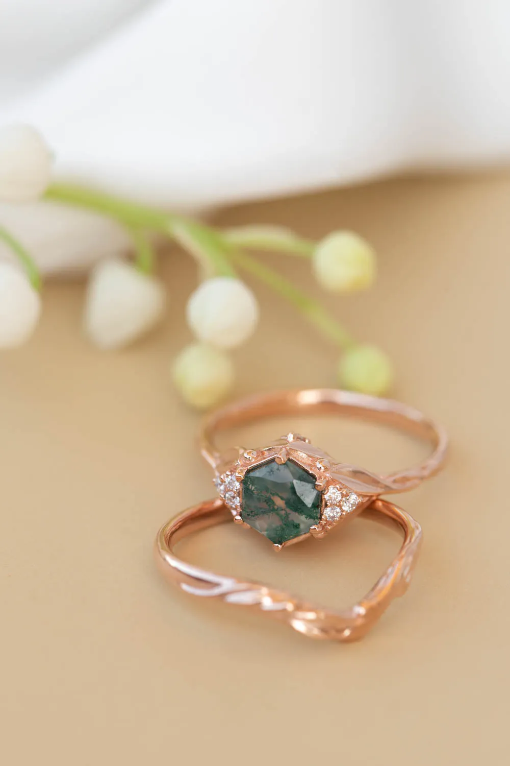 READY TO SHIP: Roma ring in 14K rose gold, hexagon moss agate, moissanites, RING SIZE 7 US