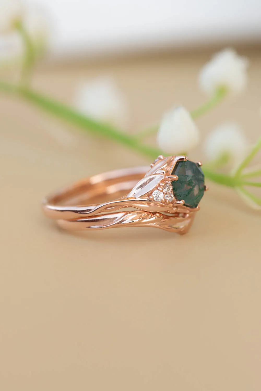 READY TO SHIP: Roma ring in 14K rose gold, hexagon moss agate, moissanites, RING SIZE 7 US