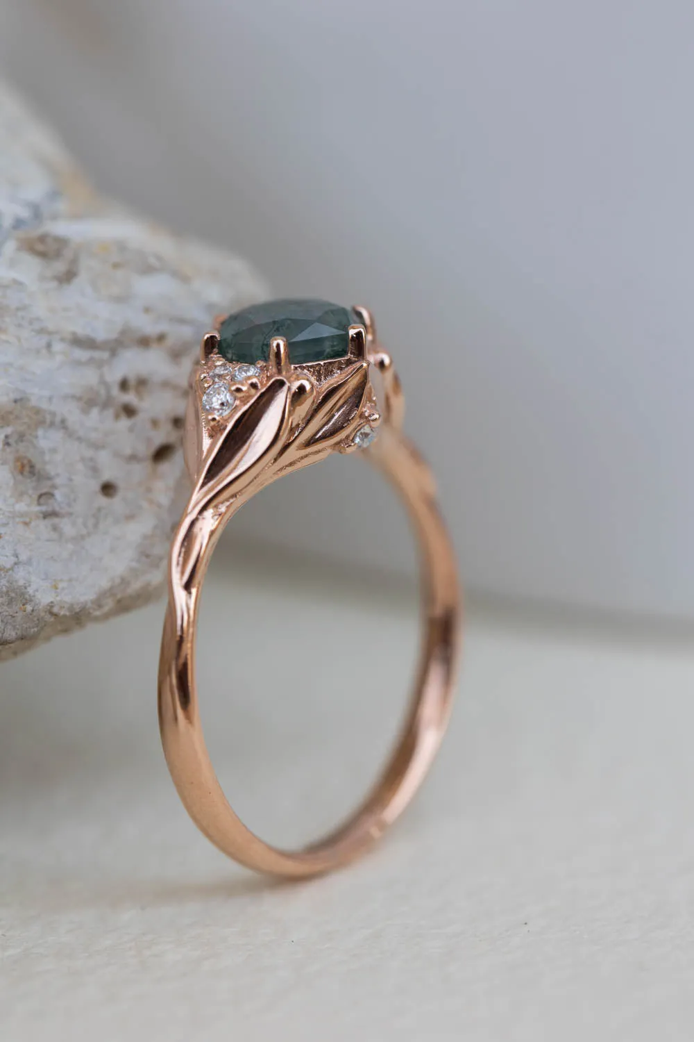 READY TO SHIP: Roma ring in 14K rose gold, hexagon moss agate, moissanites, RING SIZE 7 US