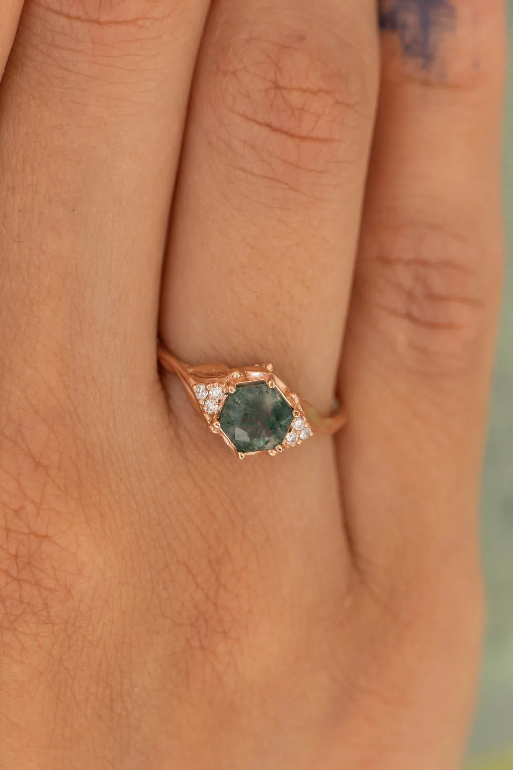 READY TO SHIP: Roma ring in 14K rose gold, hexagon moss agate, moissanites, RING SIZE 7 US