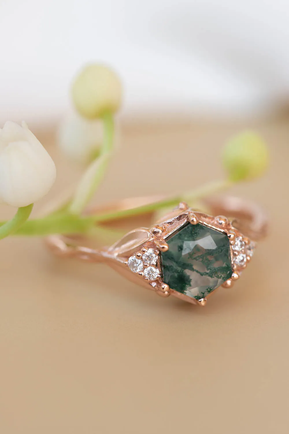 READY TO SHIP: Roma ring in 14K rose gold, hexagon moss agate, moissanites, RING SIZE 7 US