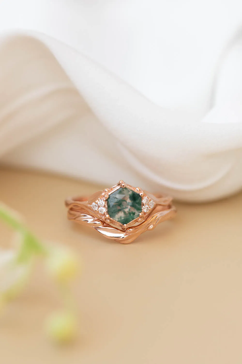 READY TO SHIP: Roma ring in 14K rose gold, hexagon moss agate, moissanites, RING SIZE 7 US