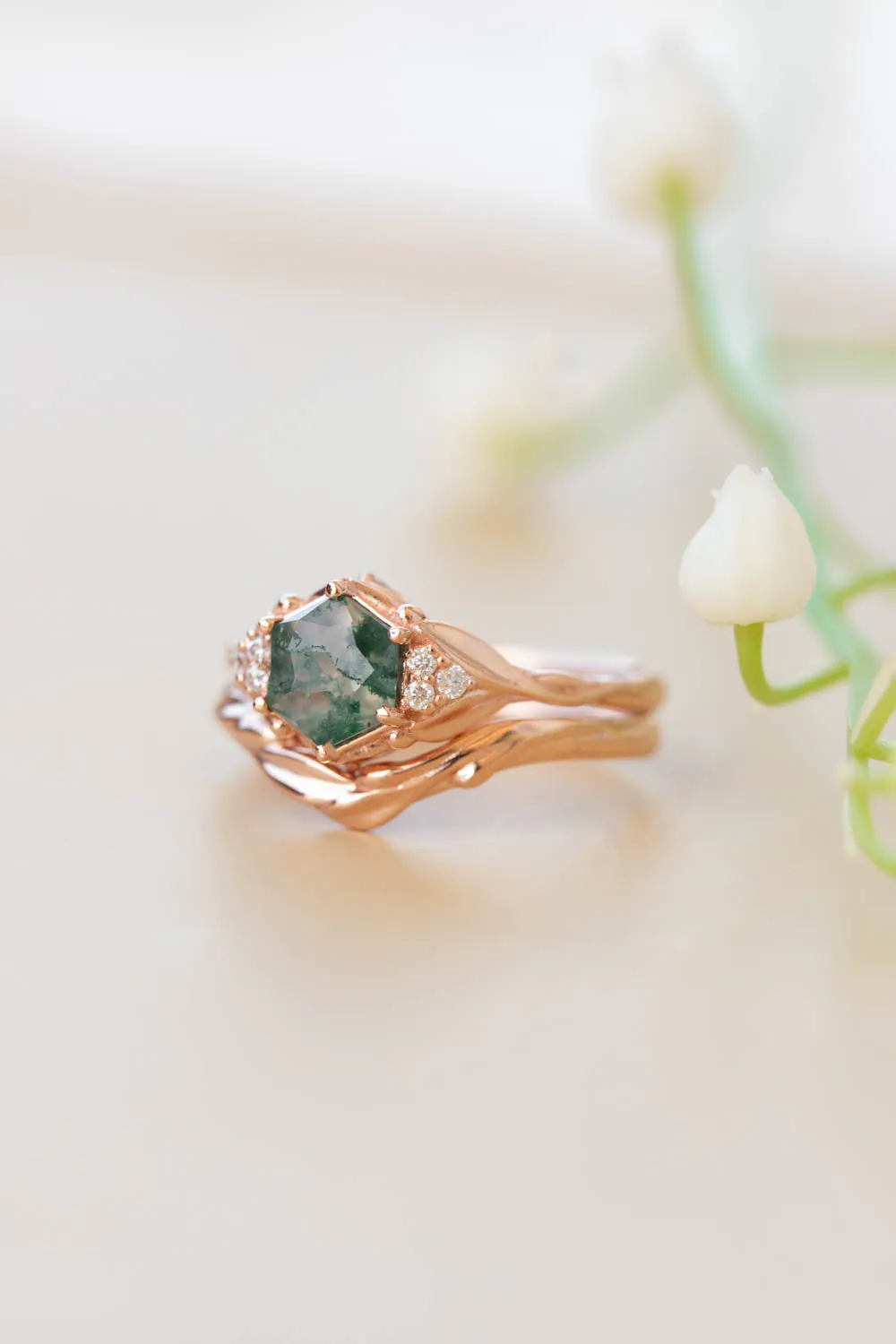 READY TO SHIP: Roma ring in 14K rose gold, hexagon moss agate, moissanites, RING SIZE 7 US