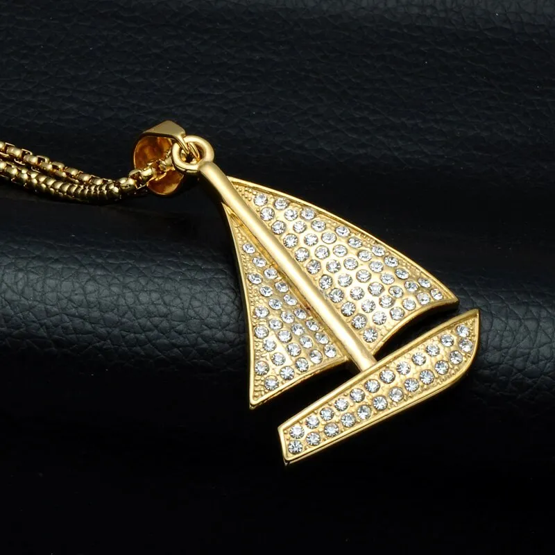 Rhinestone-Studded Gold-Plated Sailboat Bling Hip-hop Pendant Necklace