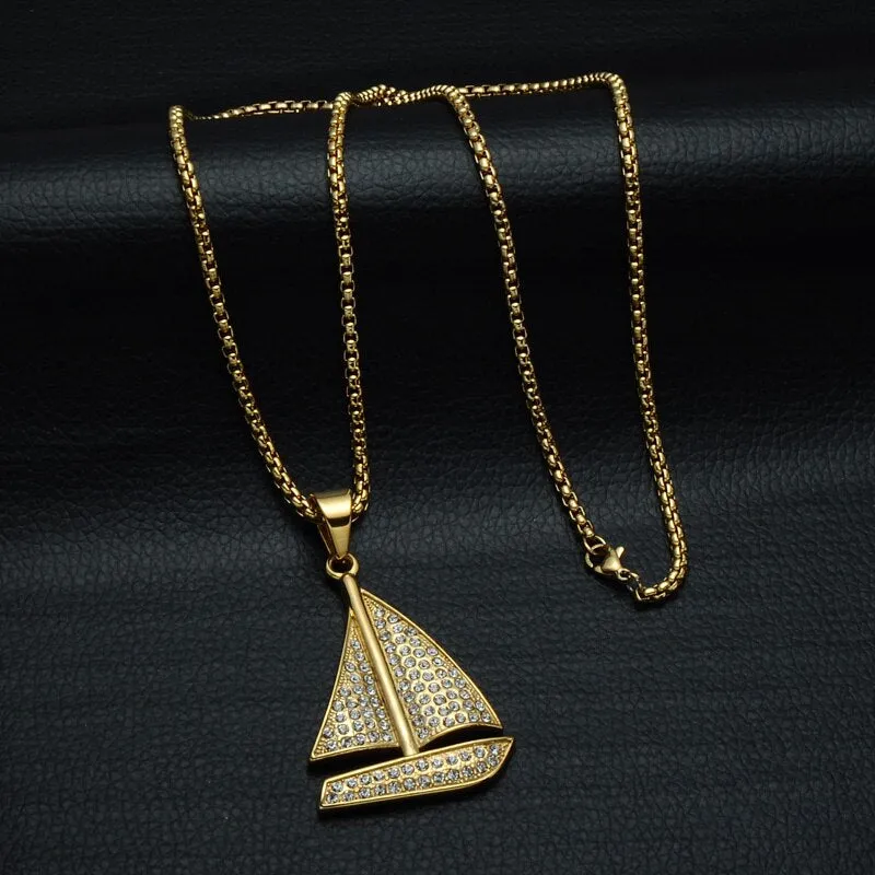 Rhinestone-Studded Gold-Plated Sailboat Bling Hip-hop Pendant Necklace