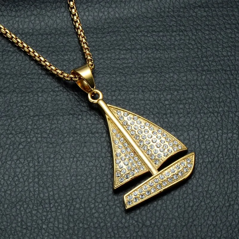 Rhinestone-Studded Gold-Plated Sailboat Bling Hip-hop Pendant Necklace