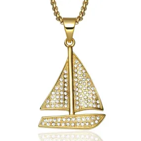 Rhinestone-Studded Gold-Plated Sailboat Bling Hip-hop Pendant Necklace