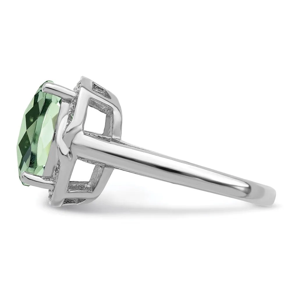 Rhodium Checker-Cut Green Quartz & Diamond Ring in Sterling Silver