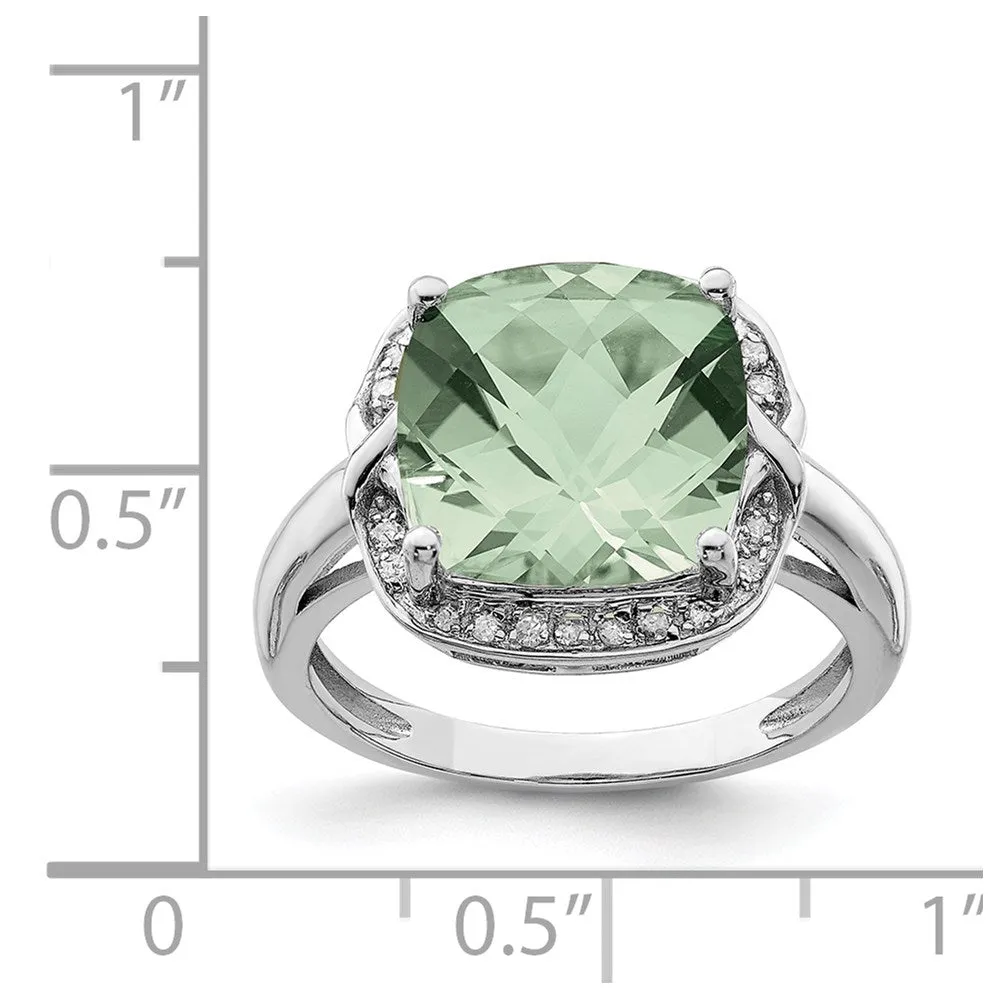 Rhodium Checker-Cut Green Quartz & Diamond Ring in Sterling Silver