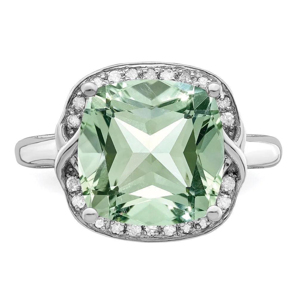 Rhodium Checker-Cut Green Quartz & Diamond Ring in Sterling Silver