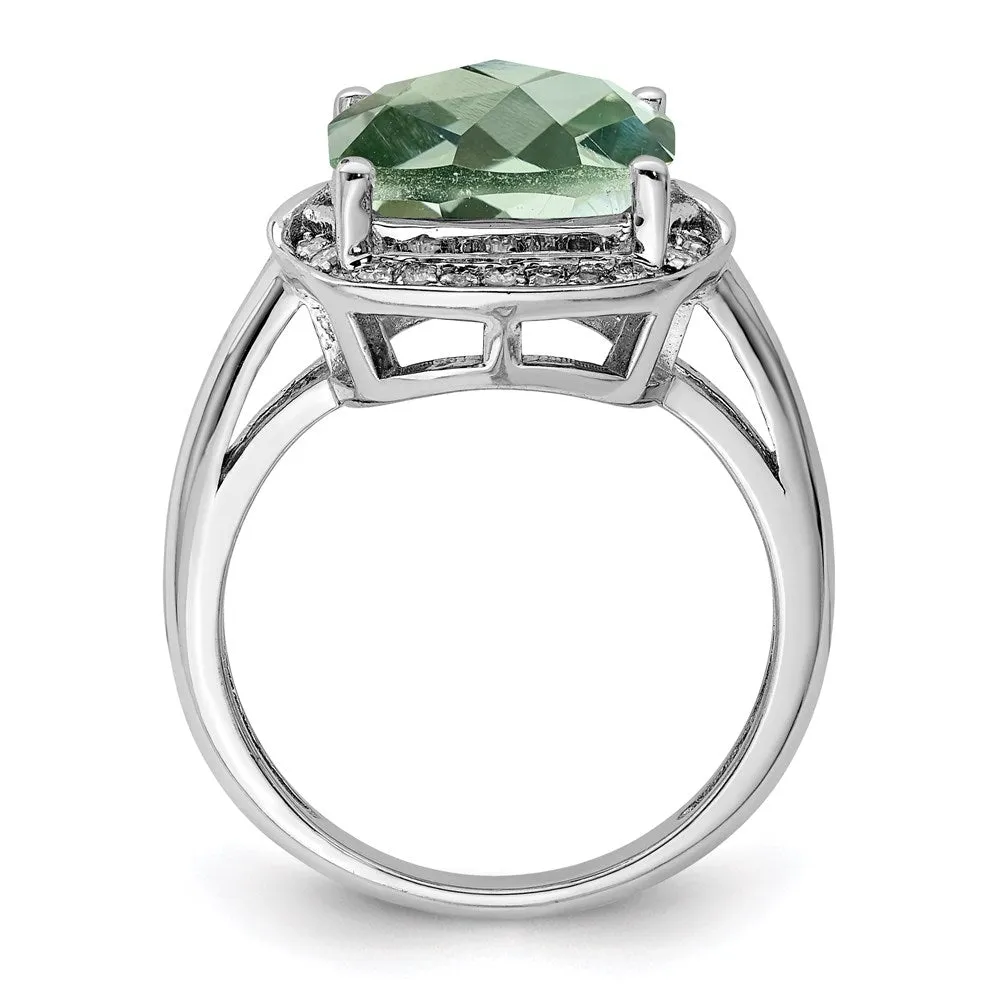 Rhodium Checker-Cut Green Quartz & Diamond Ring in Sterling Silver