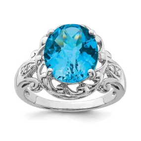 Rhodium Oval Checker-Cut Blue Topaz & Diamond Ring in Sterling Silver