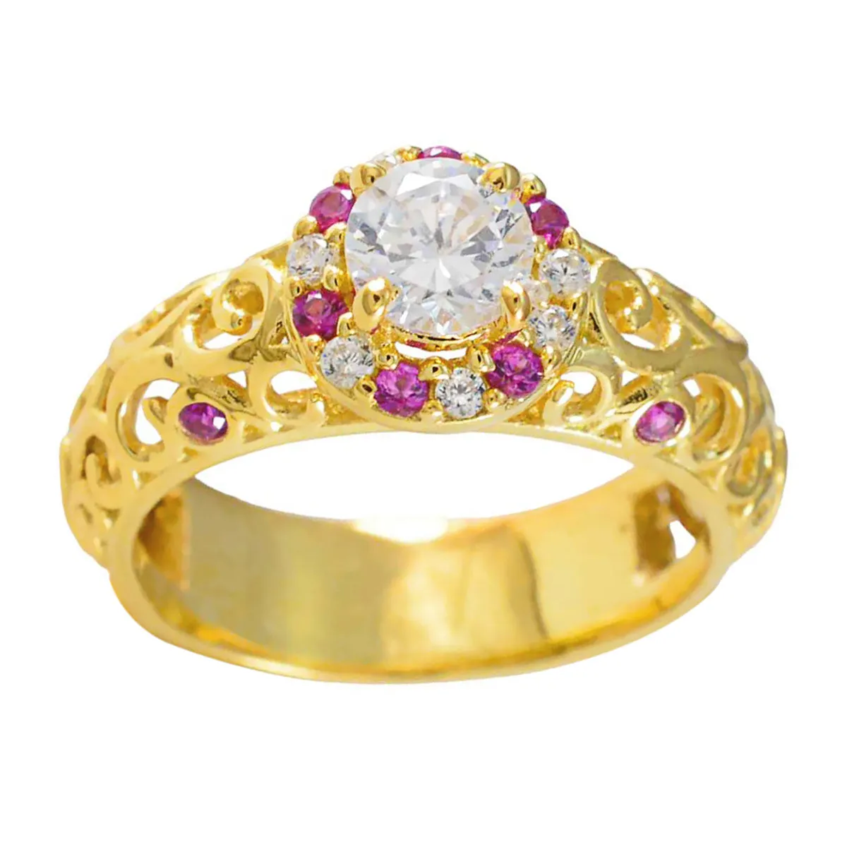 Riyo Complete Silver Ring With Yellow Gold Plating Ruby CZ Stone Round Shape Prong Setting Ring