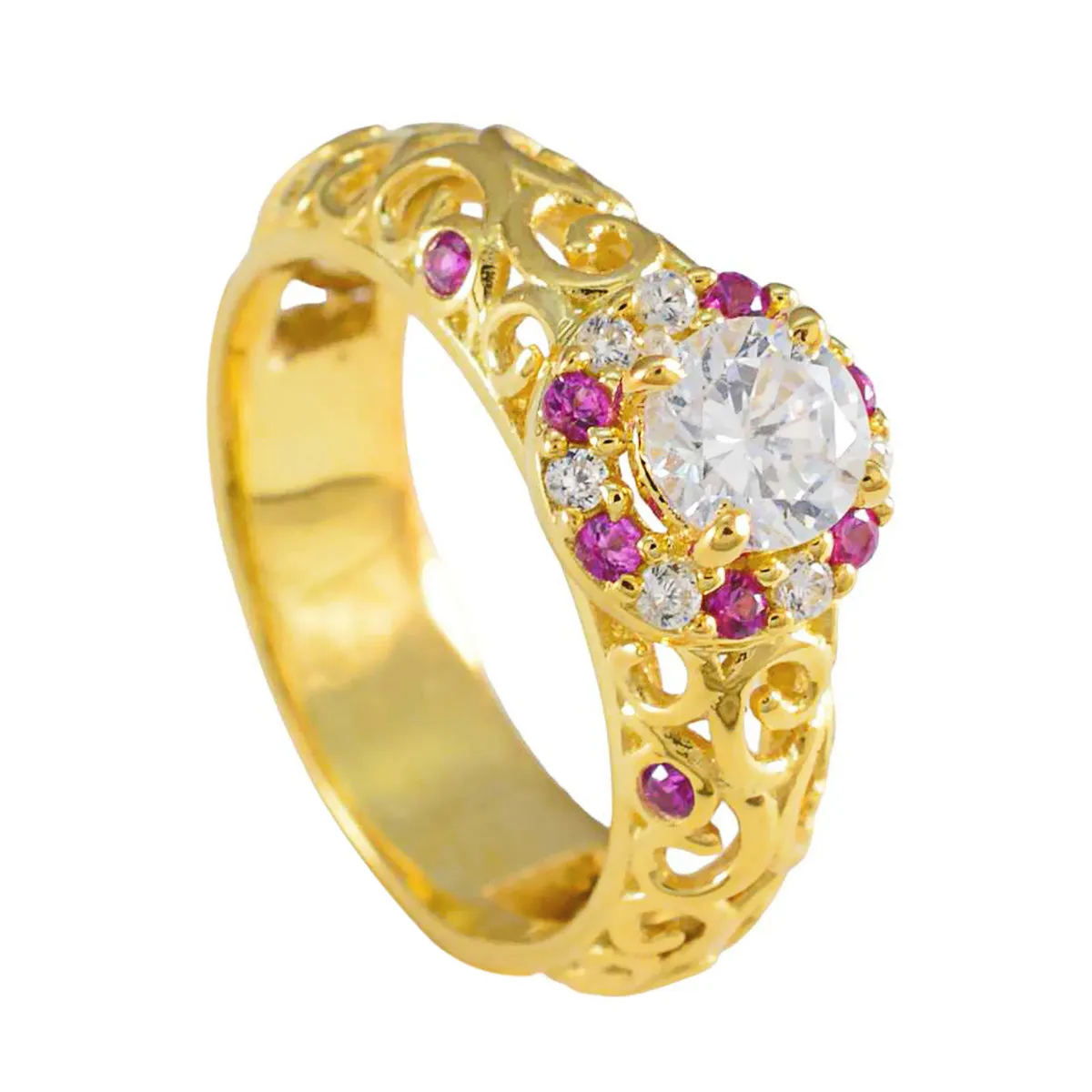 Riyo Complete Silver Ring With Yellow Gold Plating Ruby CZ Stone Round Shape Prong Setting Ring