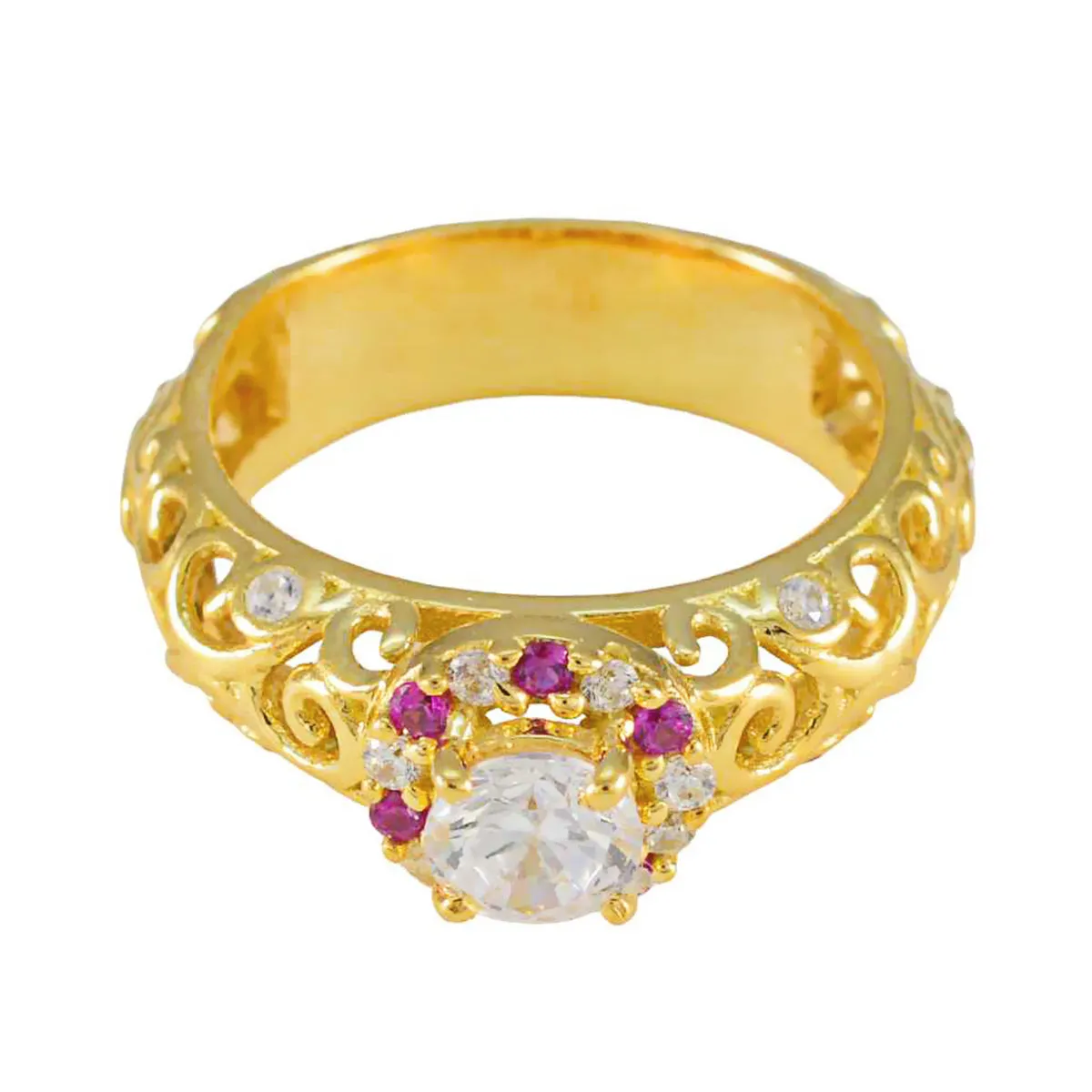 Riyo Complete Silver Ring With Yellow Gold Plating Ruby CZ Stone Round Shape Prong Setting Ring