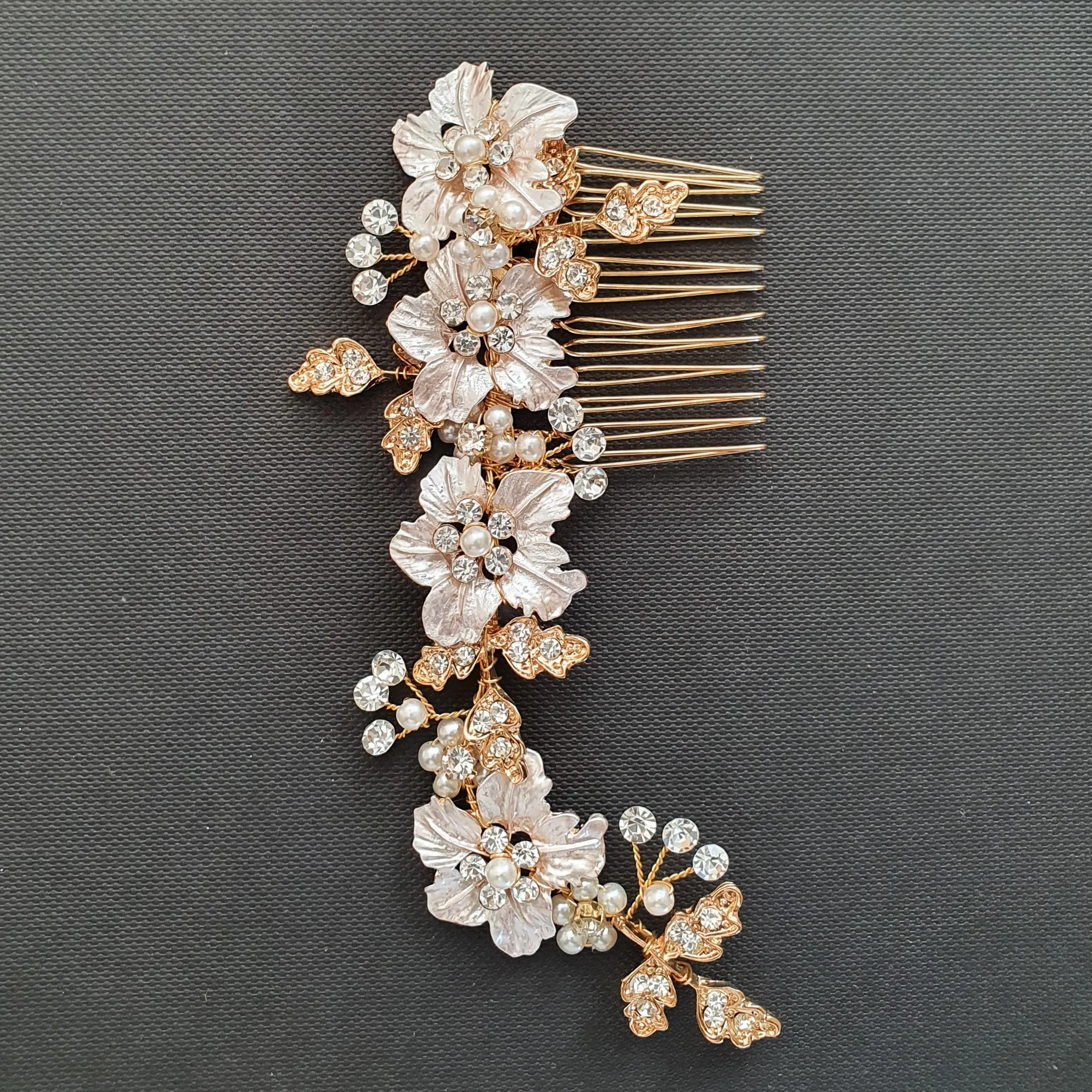 Rose Gold Hair Comb for Brides with Leaf and Flower-Gardenia