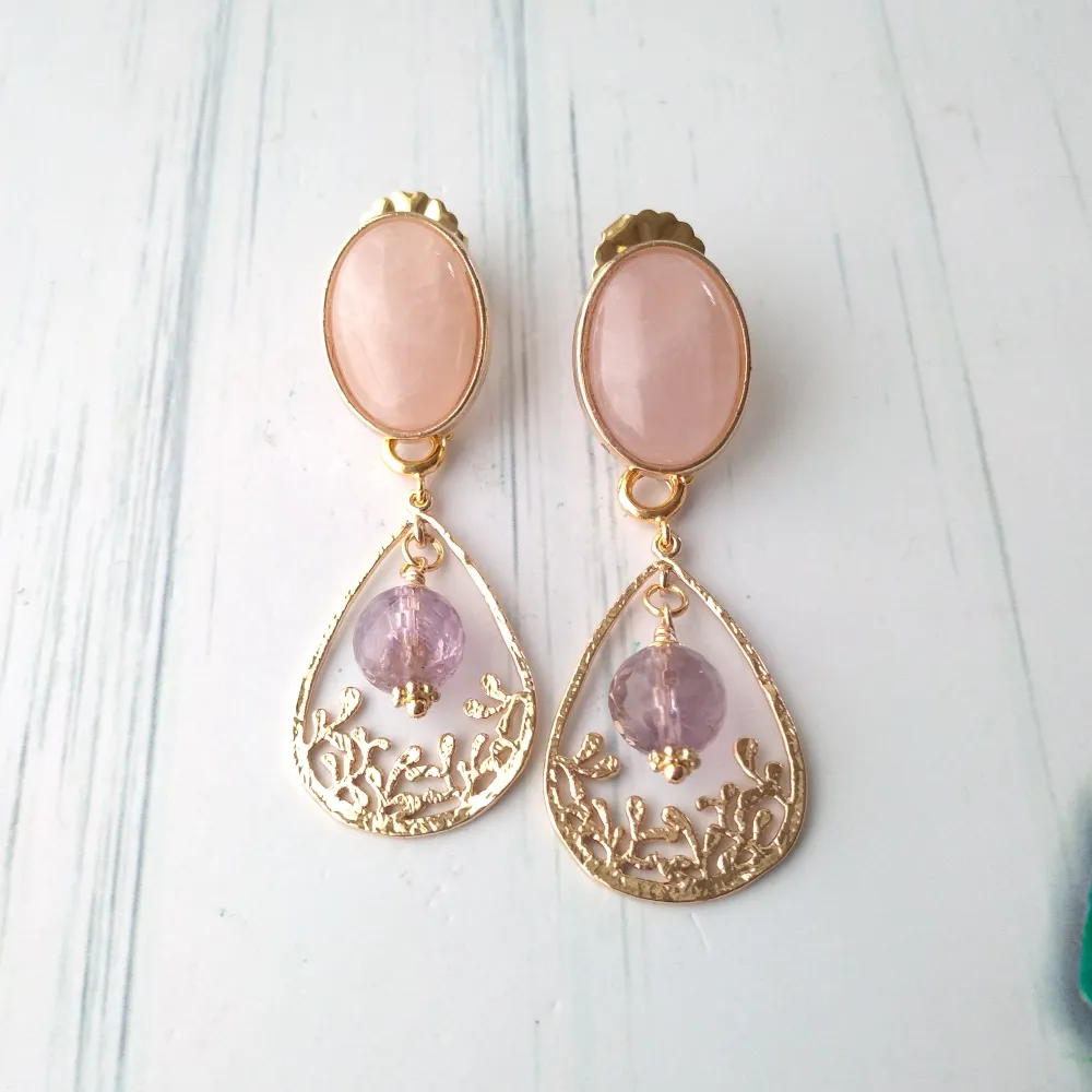 Rose Quartz Brass Studs with Amethyst Filigree Dangles