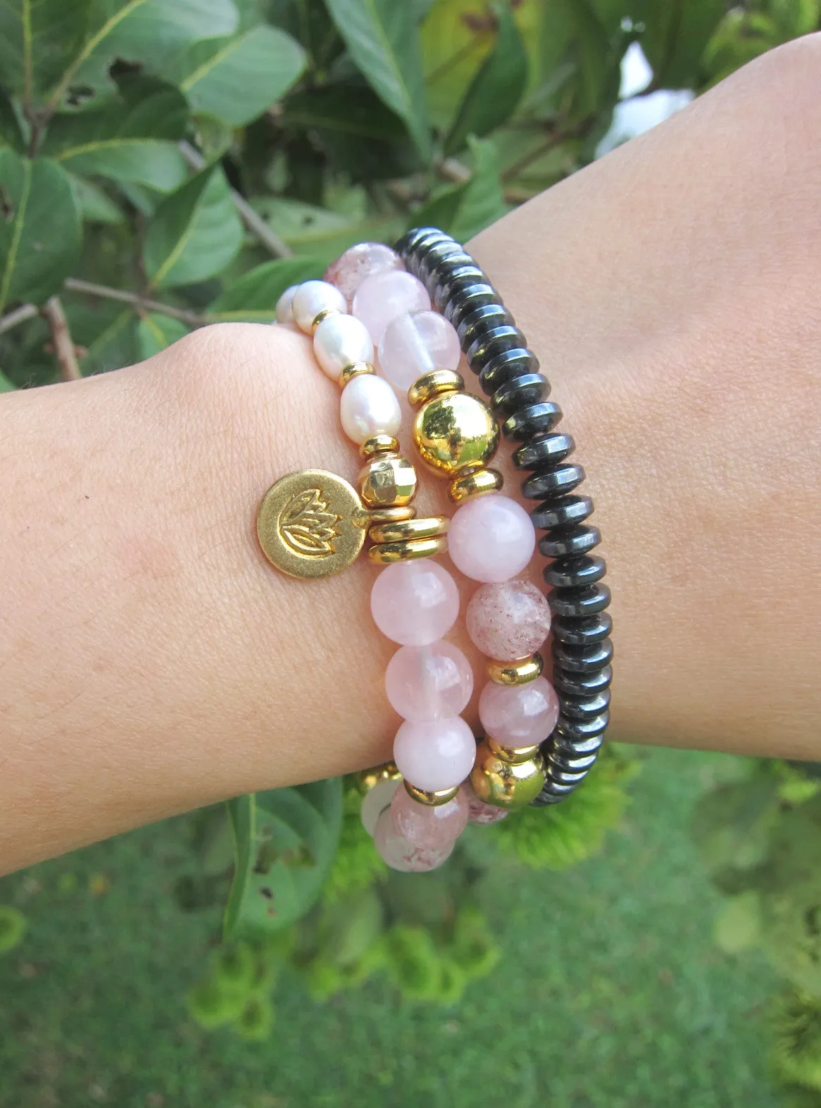 Rose Quartz, Strawberry Quartz, Thulite - Love, Fertility Mala Bracelet in 18K Gold Vermeil Lotus Charm