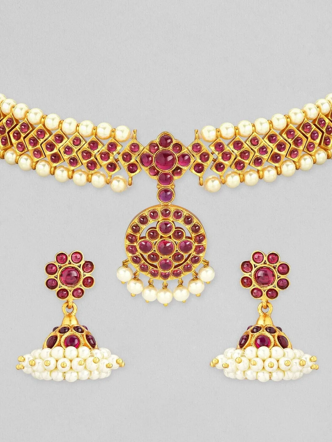 Rubans Gold-Plated Ruby & Pearl Studded Choker Set