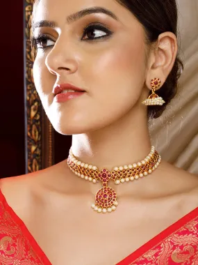 Rubans Gold-Plated Ruby & Pearl Studded Choker Set