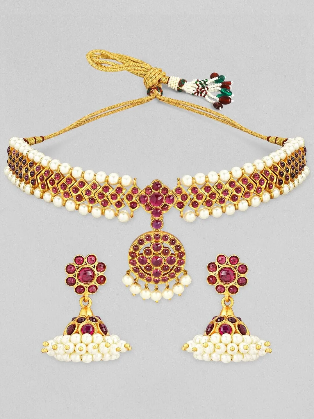 Rubans Gold-Plated Ruby & Pearl Studded Choker Set