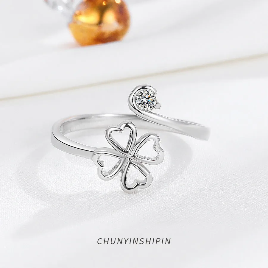 s925 Sterling Silver Four Leaf Clover Toi et Moi ring