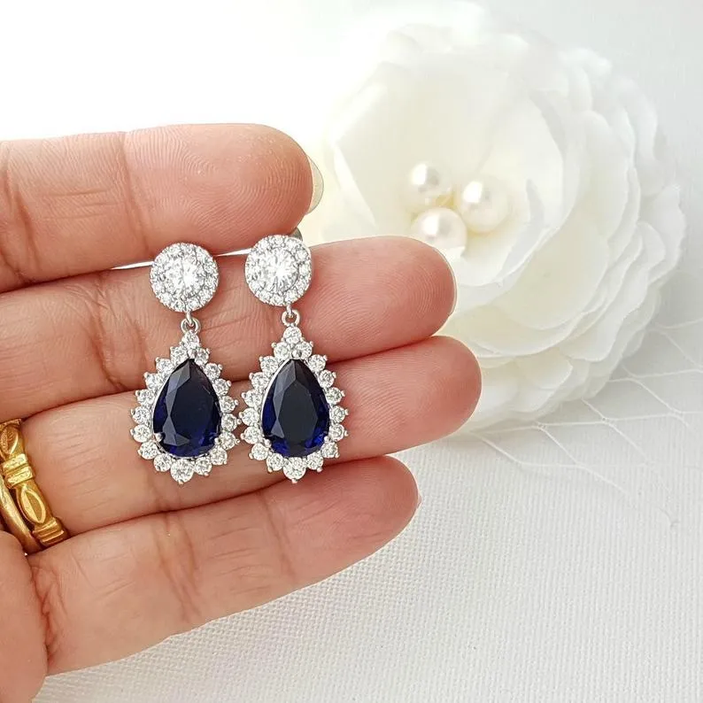 Sapphire Blue Clip On Bridal Earrings-Aoi