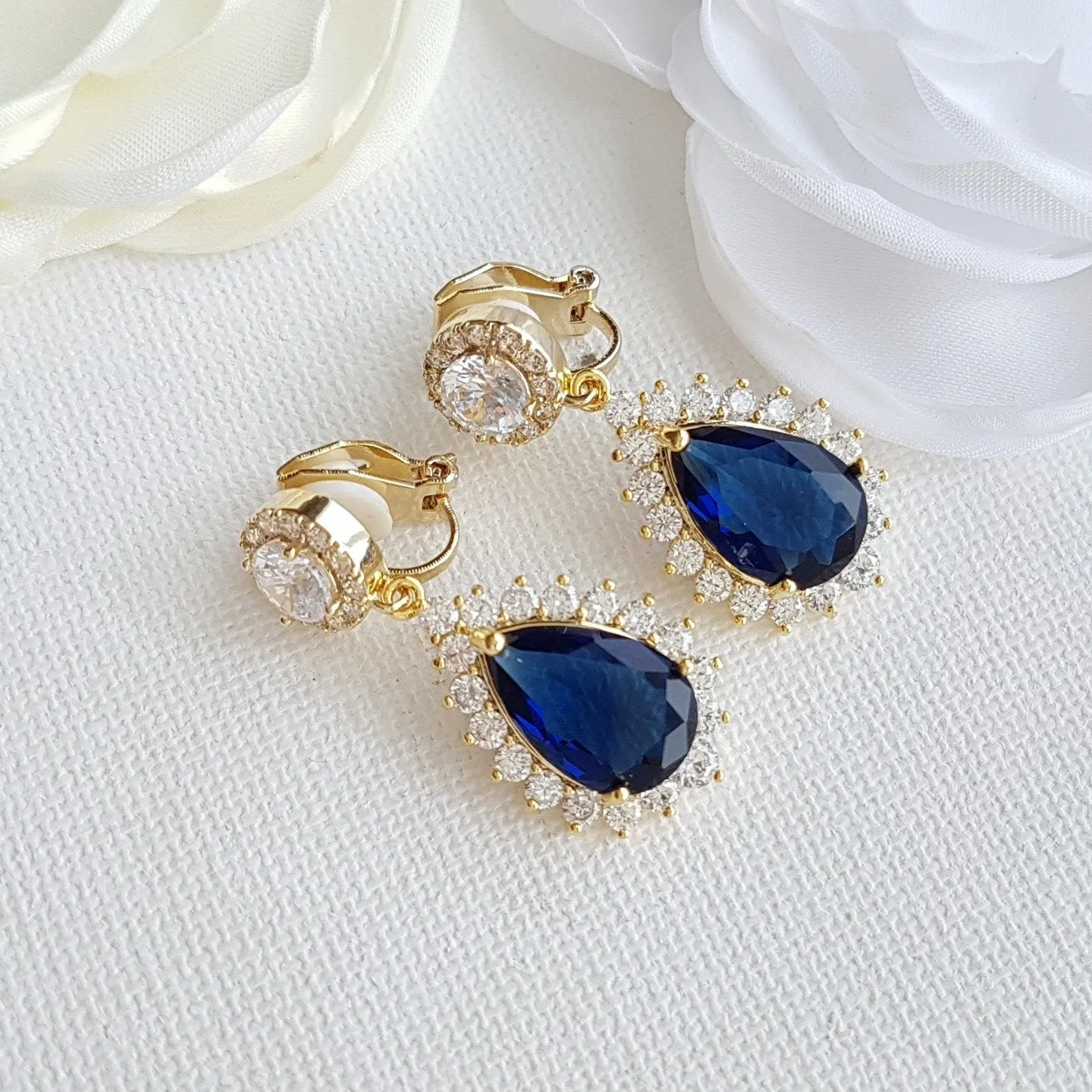 Sapphire Blue Clip On Bridal Earrings-Aoi