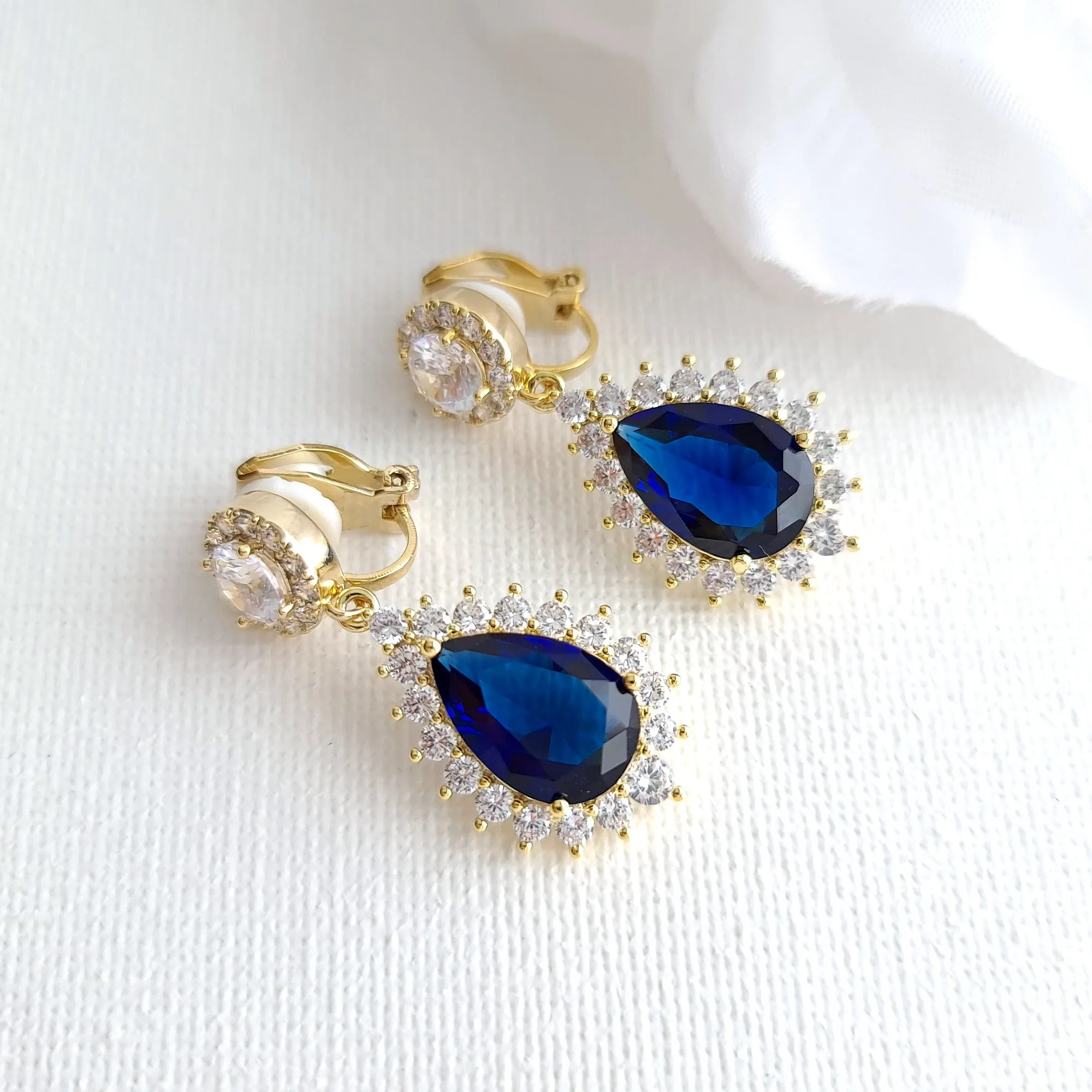 Sapphire Blue Clip On Bridal Earrings-Aoi