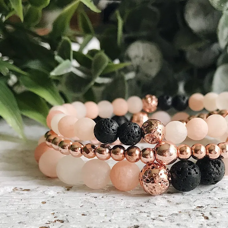 Set of 3 - Blush Aventurine, Rose Gold Lava Bead Bracelets