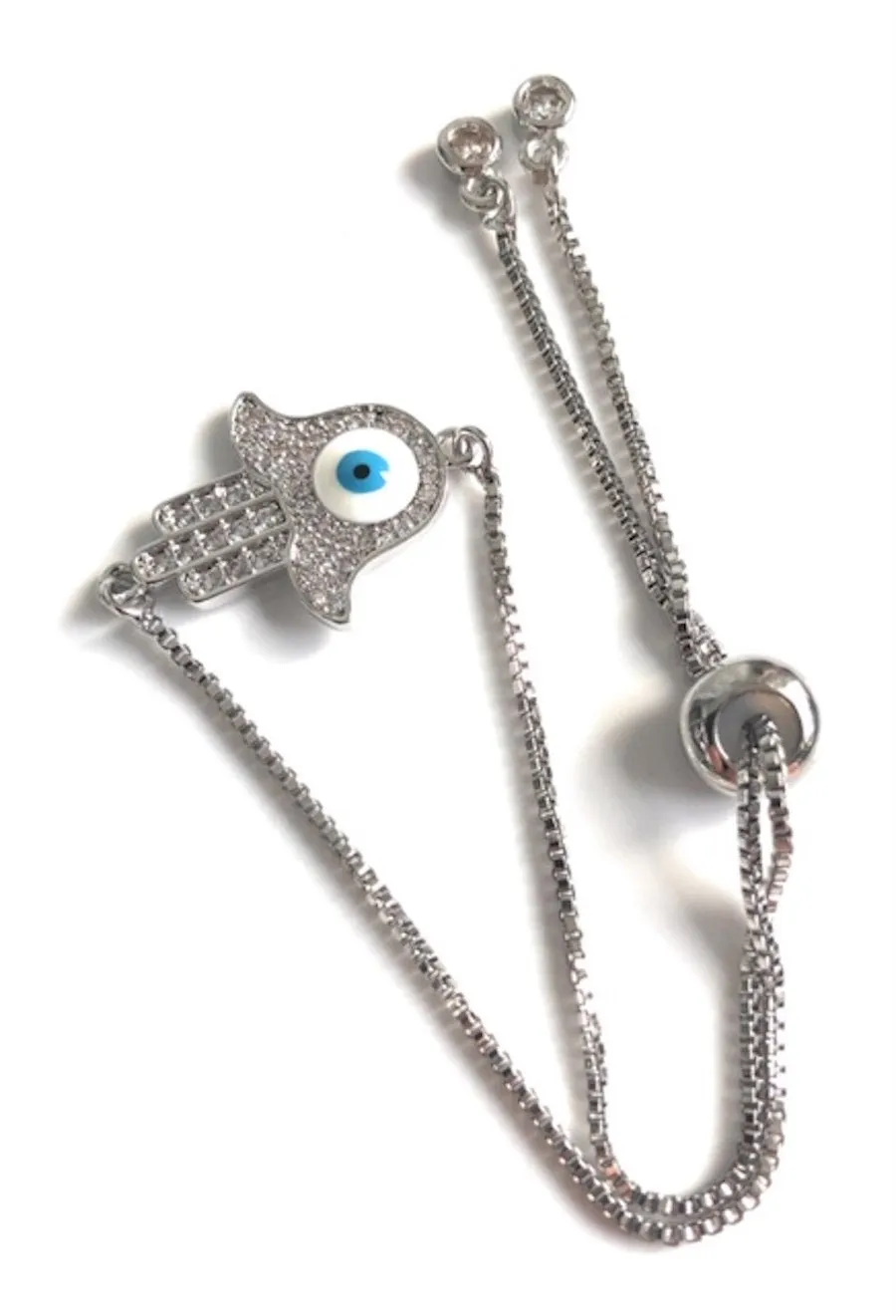 Silver Plated Hamsa Hand Evil Eye Bracelet Sliding Adjustable Claps