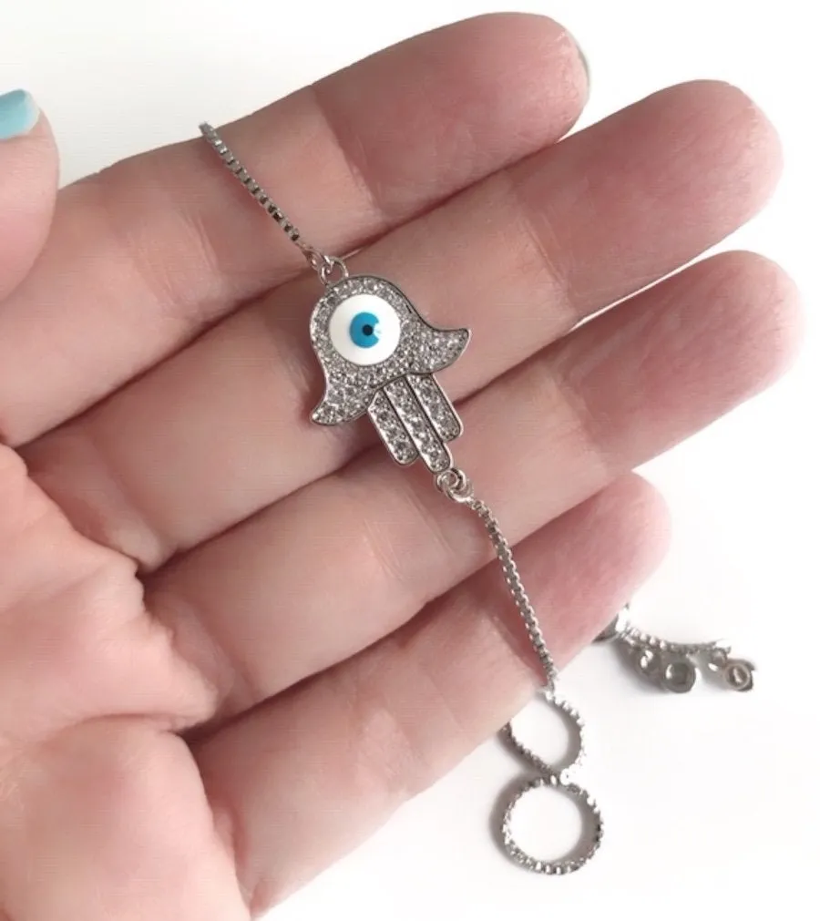 Silver Plated Hamsa Hand Evil Eye Bracelet Sliding Adjustable Claps