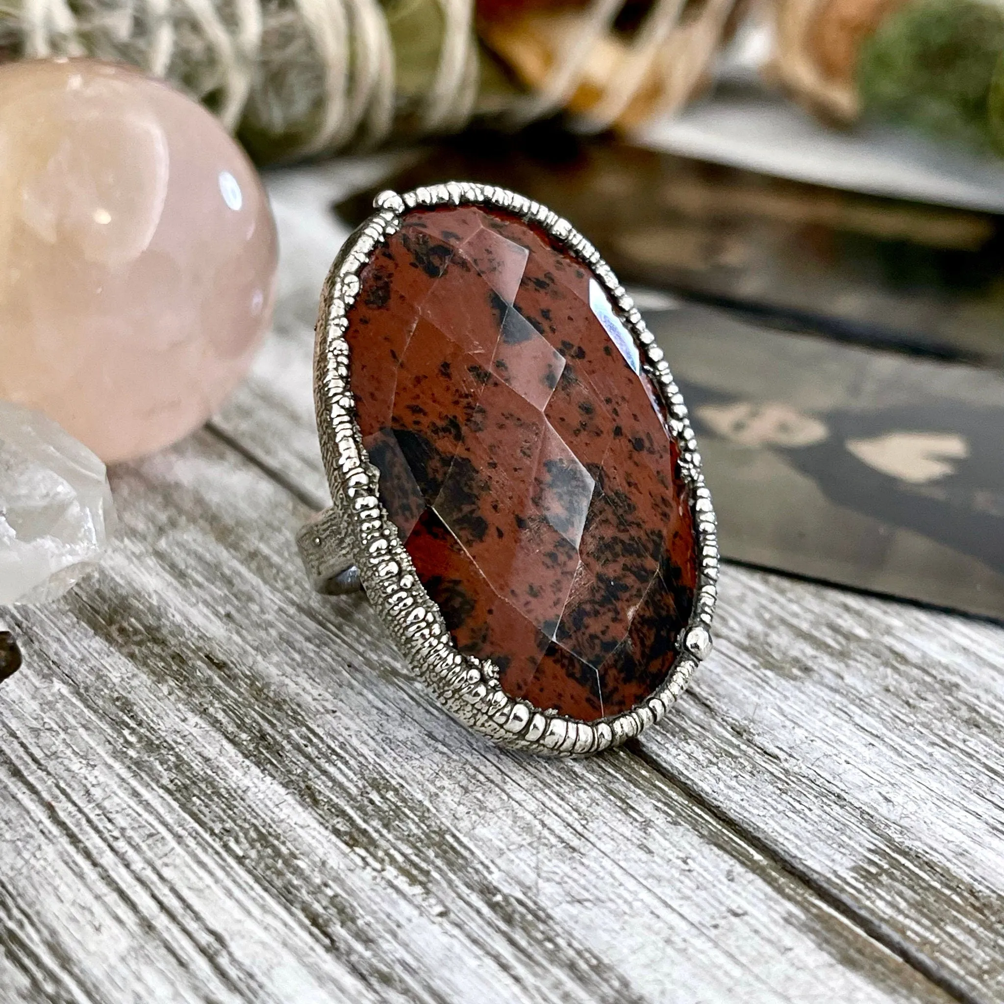 Size 7.5 Big Mahogany Obsidian Statement Ring in Fine Silver / Foxlark Collection - One of a Kind