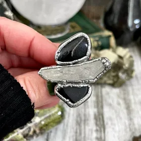 Size 8.5 Crystal Ring - Three Stone Ring Black Onyx Raw Clear Quartz  Silver Ring / Foxlark Collection - One of a Kind